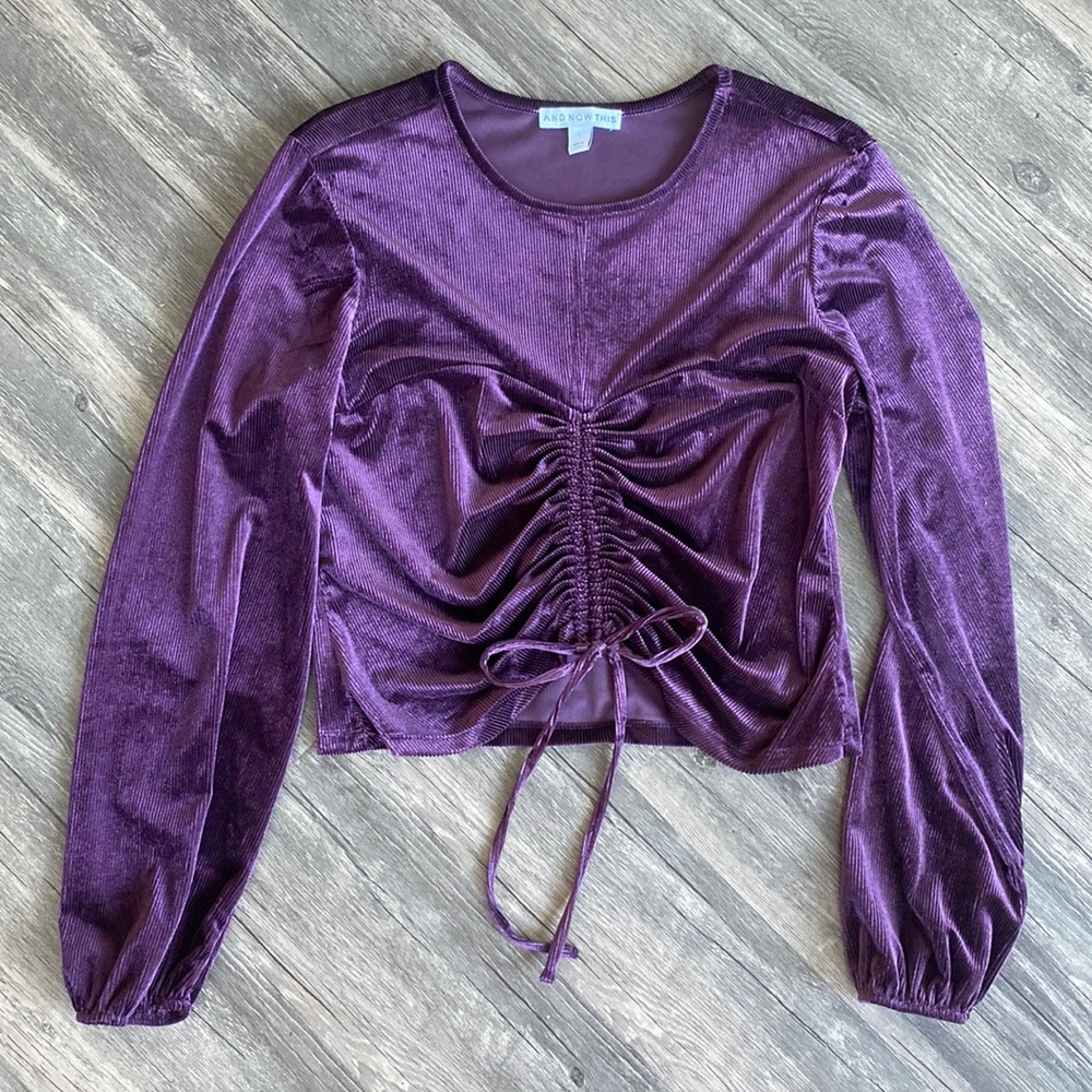 AND NOW THIS velvet purple crop top, size large.